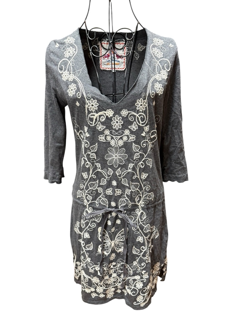 JWLA Johnny Was Gray Butterfly Embroidered 100% Cotton Tunic Dress Tie Waist